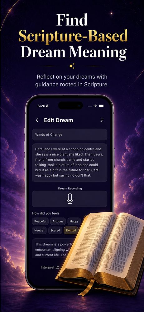 Finding Scripture-based dream meaning in the DreamPrayer app: a dream entry with mood tags and an open Bible