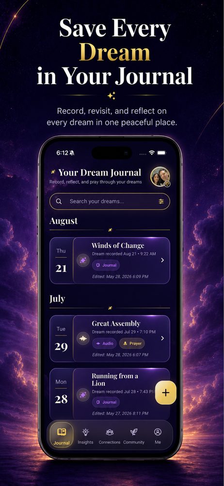 The DreamPrayer dream journal with dated entries like Winds of Change and Running from a Lion